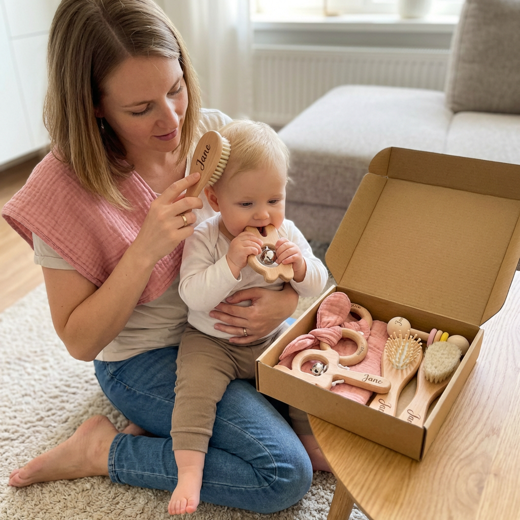 Personalisiertes 6-teiliges Geschenkset aus Holz & Musselin – Beißringe, Rasseln, Haarbürsten & Kuscheltuch mit Namen