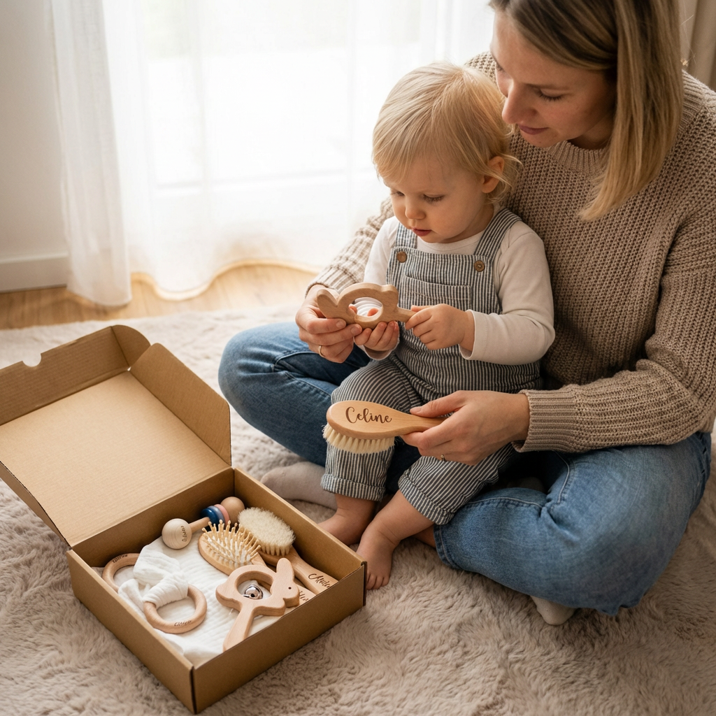 Personalisiertes 6-teiliges Geschenkset aus Holz & Musselin – Beißringe, Rasseln, Haarbürsten & Kuscheltuch mit Namen
