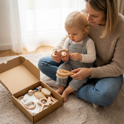 Personalisiertes 6-teiliges Geschenkset aus Holz & Musselin – Beißringe, Rasseln, Haarbürsten & Kuscheltuch mit Namen