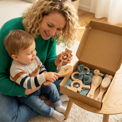 Personalisiertes 6-teiliges Geschenkset aus Holz & Musselin – Beißringe, Rasseln, Haarbürsten & Kuscheltuch mit Namen