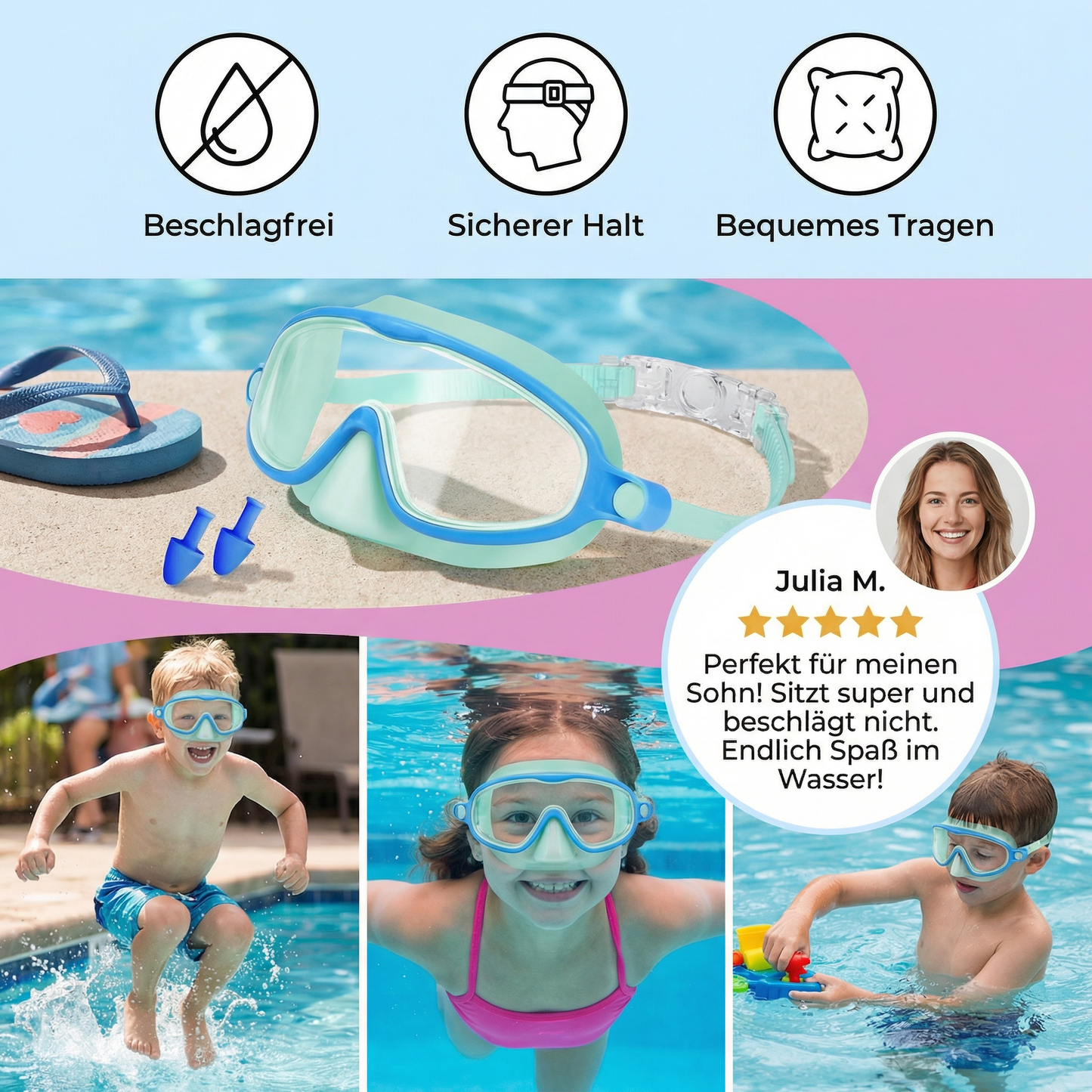 Praktische Schwimmbrille für Kinder – Beschlagfrei, Sicherer Halt & Bequemes Tragen