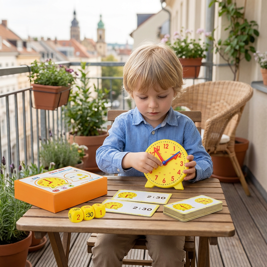 Lernuhr für Kinder – Interaktives Uhrzeit Lernspiel mit Karten & Würfeln