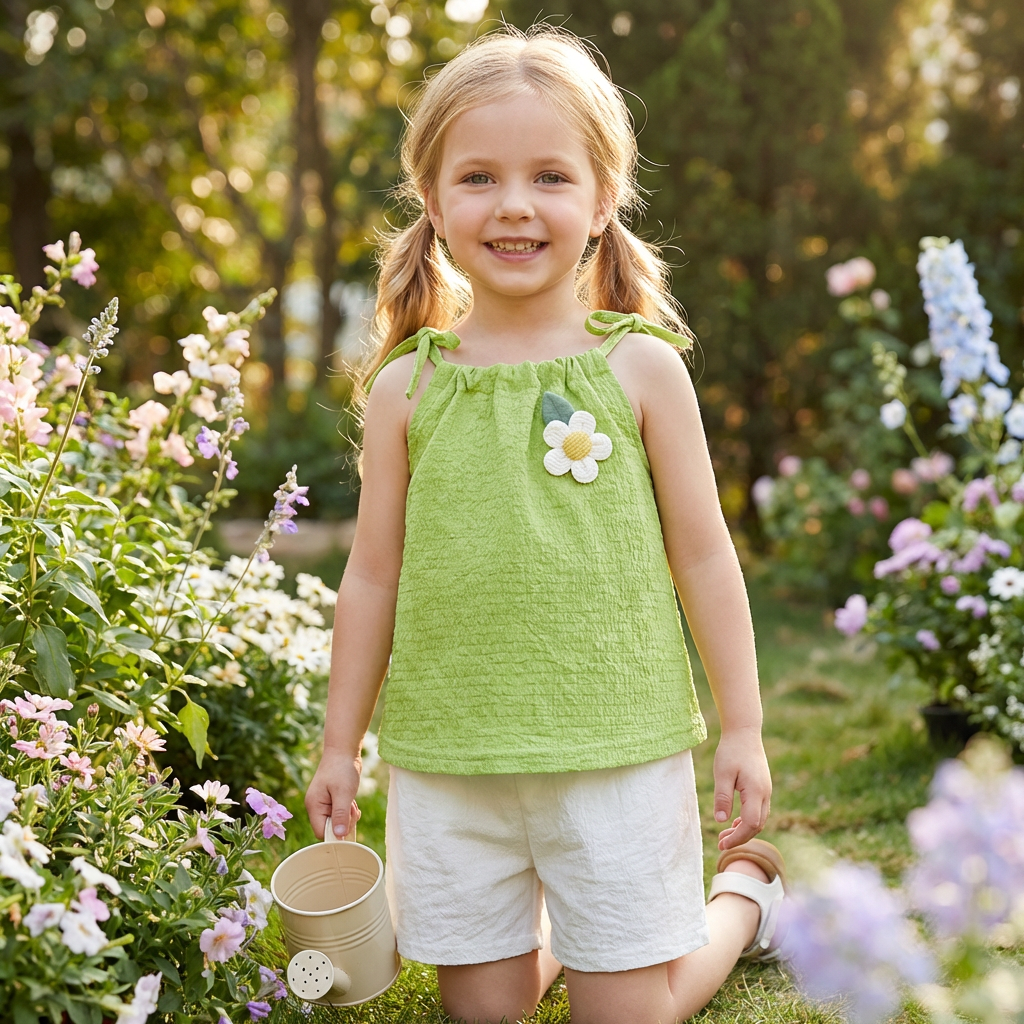 Sommerliches 2-teiliges Mädchen-Set im Koreanischen Stil – Blumen-Trägeroberteil mit Shorts