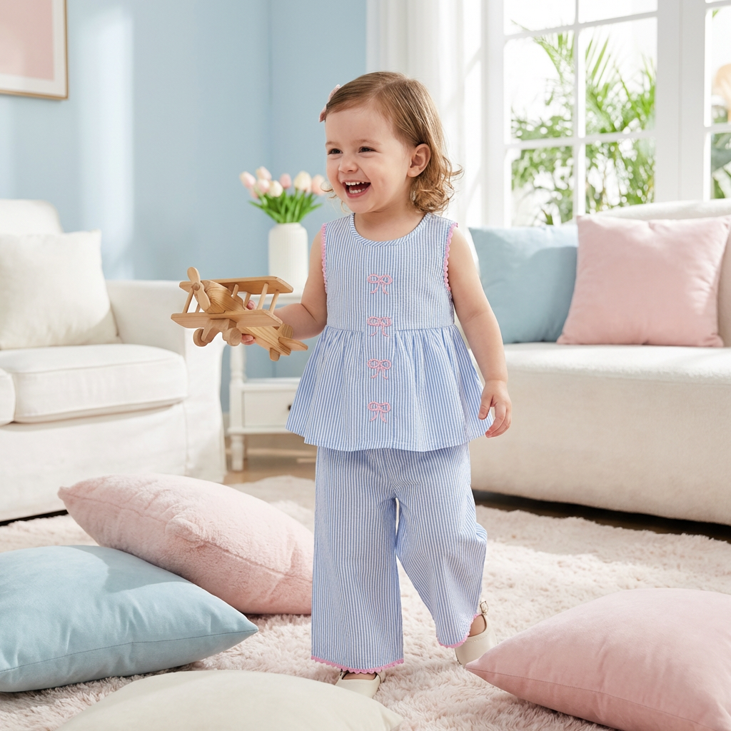 Sommerliches Mädchen-Set mit Streifen & Schleifenstickerei – Süßes 2-teiliges Outfit