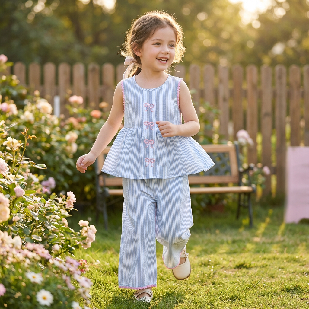 Sommerliches Mädchen-Set mit Streifen & Schleifenstickerei – Süßes 2-teiliges Outfit