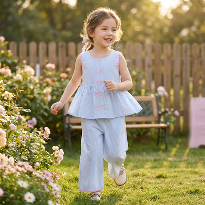 Sommerliches Mädchen-Set mit Streifen & Schleifenstickerei – Süßes 2-teiliges Outfit