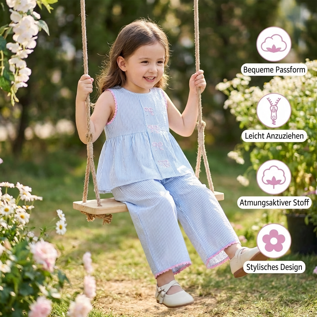 Sommerliches Mädchen-Set mit Streifen & Schleifenstickerei – Süßes 2-teiliges Outfit