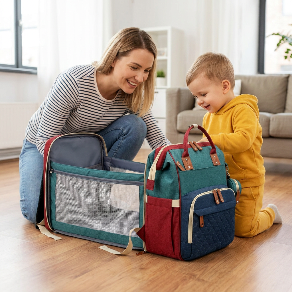 3-in-1 Reise Wickelrucksack mit faltbarem Babybett - Perfekt für Unterwegs!