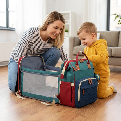 3-in-1 Reise Wickelrucksack mit faltbarem Babybett - Perfekt für Unterwegs!