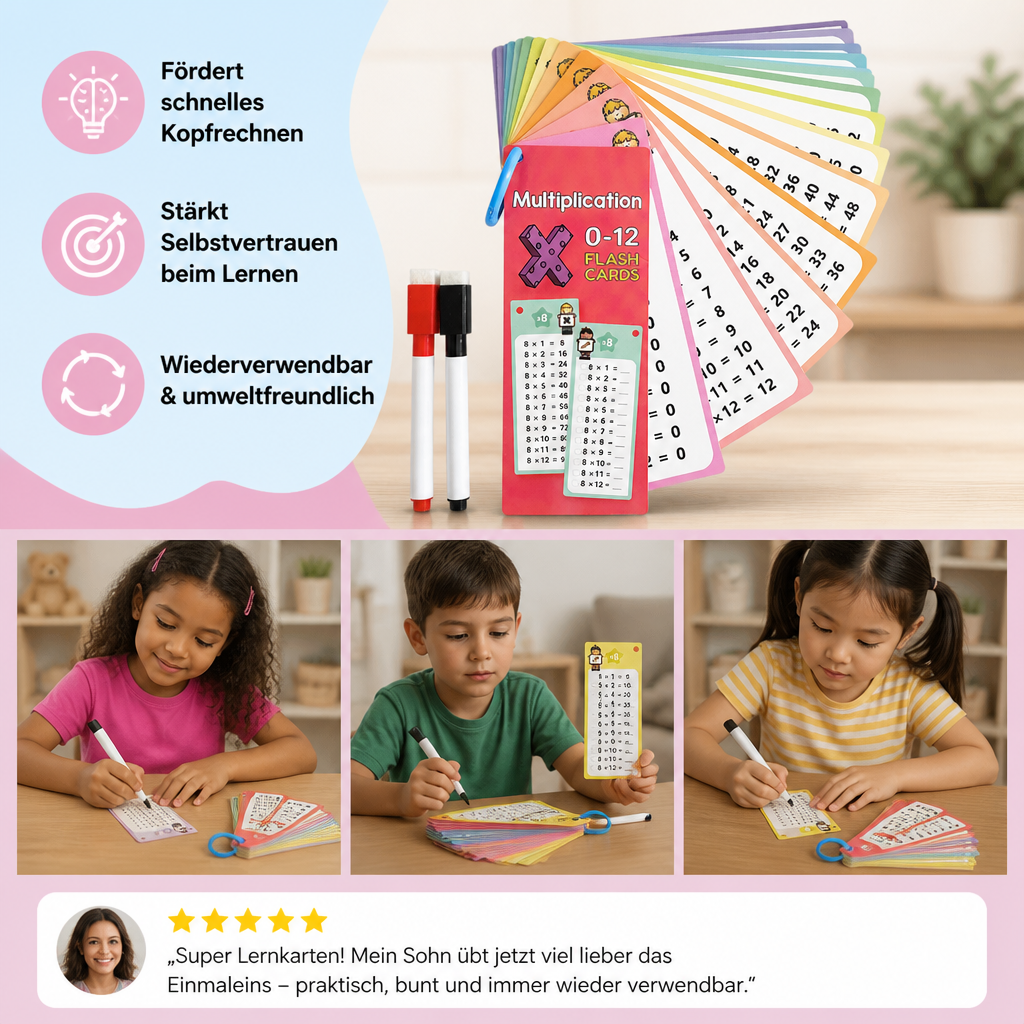 Wiederverwendbare Mathe-Lernkarten für Kinder