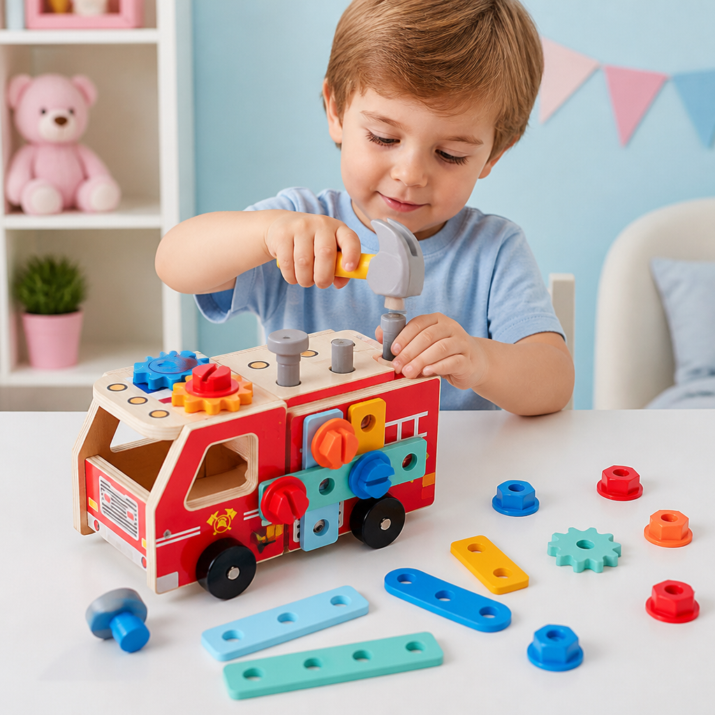 Montessori-Holzwerkzeugkasten Feuerwehr mit Bauset
