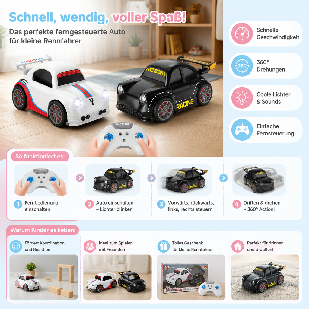 RC-Rennauto mit Driftfunktion für Kinder – Ferngesteuert mit Sensorlichtern & Sound