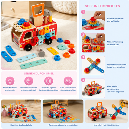 Montessori-Holzwerkzeugkasten Feuerwehr mit Bauset
