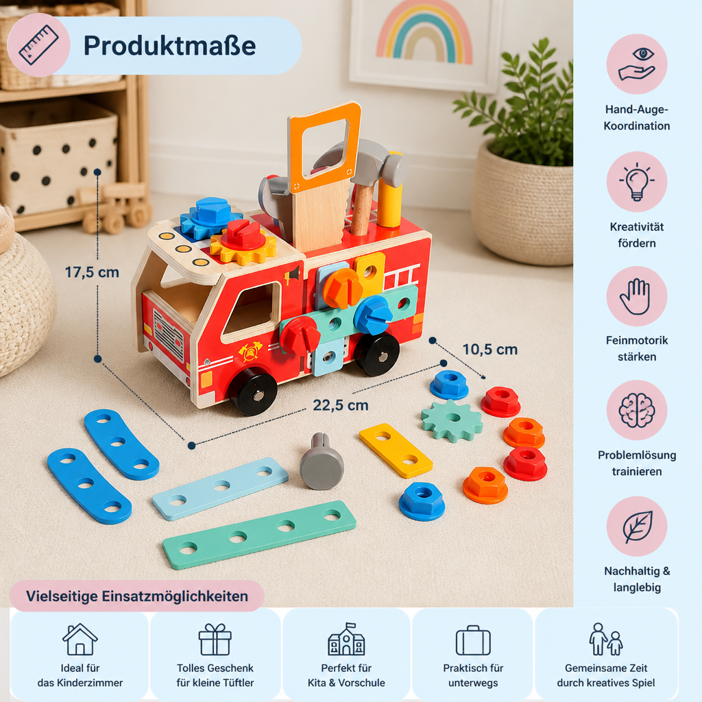 Montessori-Holzwerkzeugkasten Feuerwehr mit Bauset