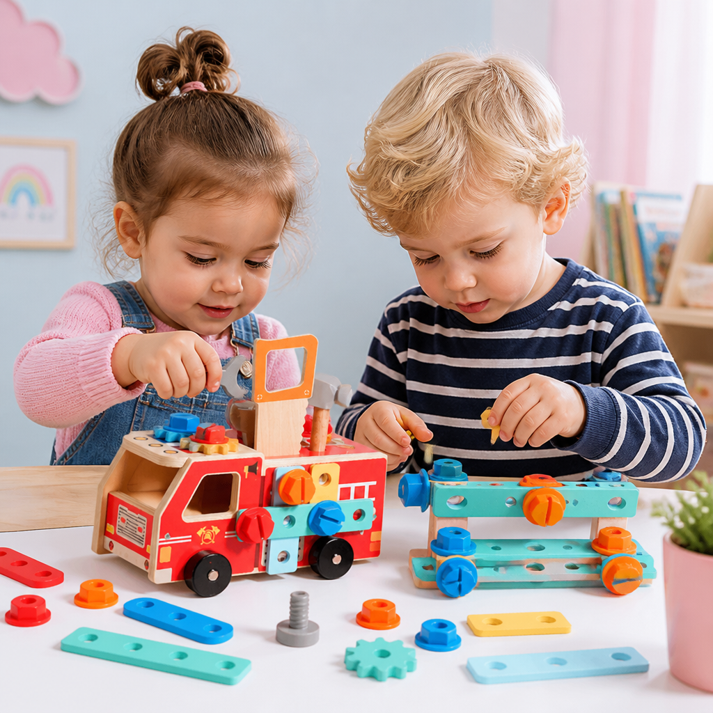 Montessori-Holzwerkzeugkasten Feuerwehr mit Bauset