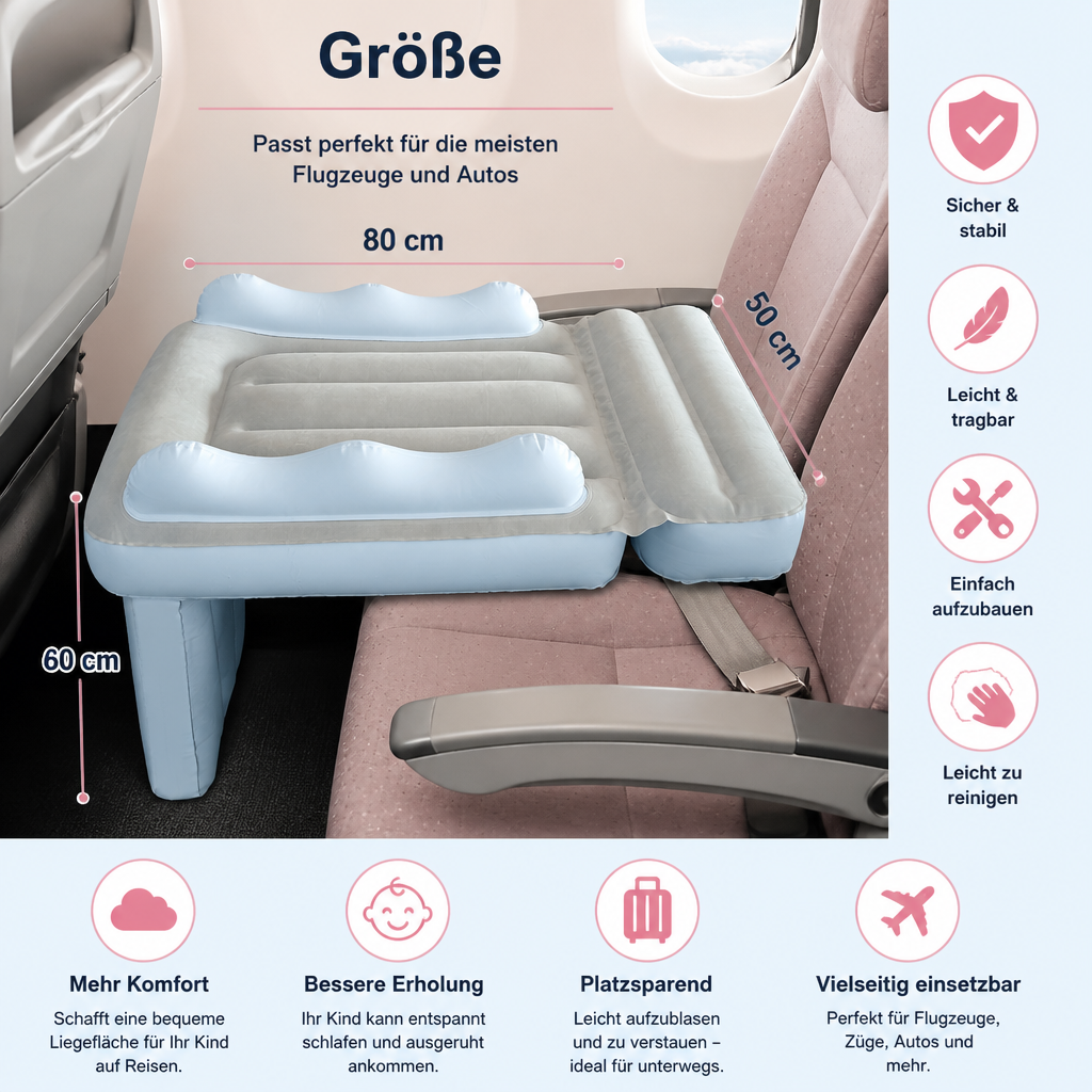 Aufblasbares Kleinkind-Reisebett mit Sitzverlängerung für Flugzeug und Auto