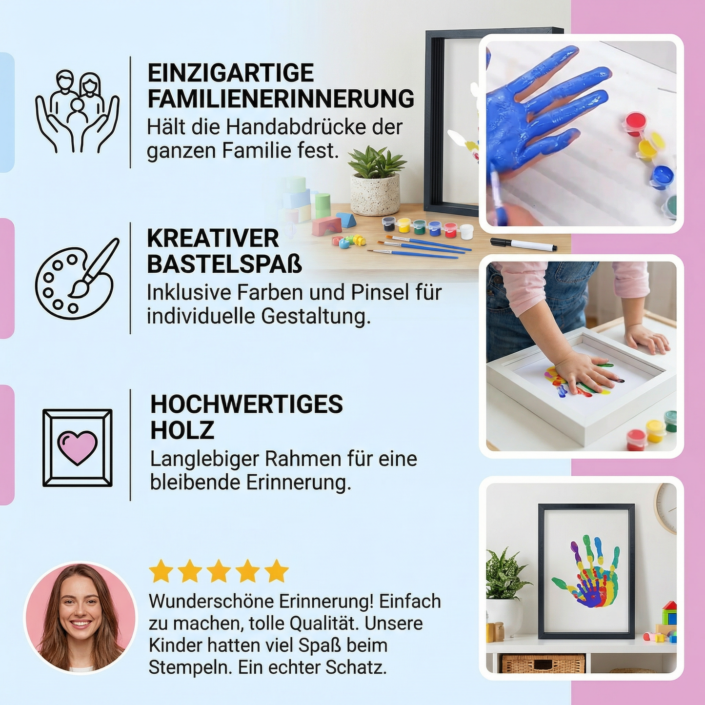DIY Handabdruck Bilderrahmen aus Holz – Familien Erinnerungsset mit Farben