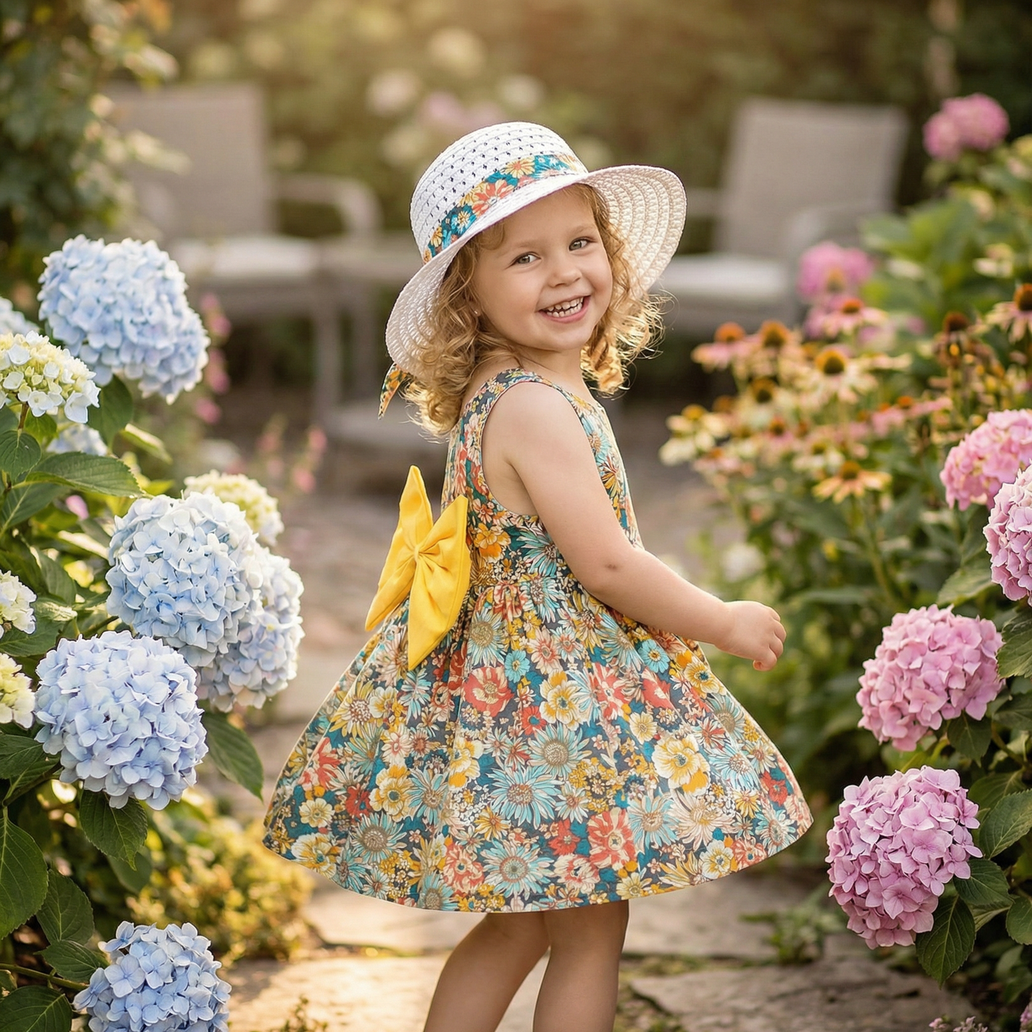 Sommerliches 2in1 Set - Armelloses Mädchenkleid mit Schleife und Hut mit Blumenmuster aus Baumwolle
