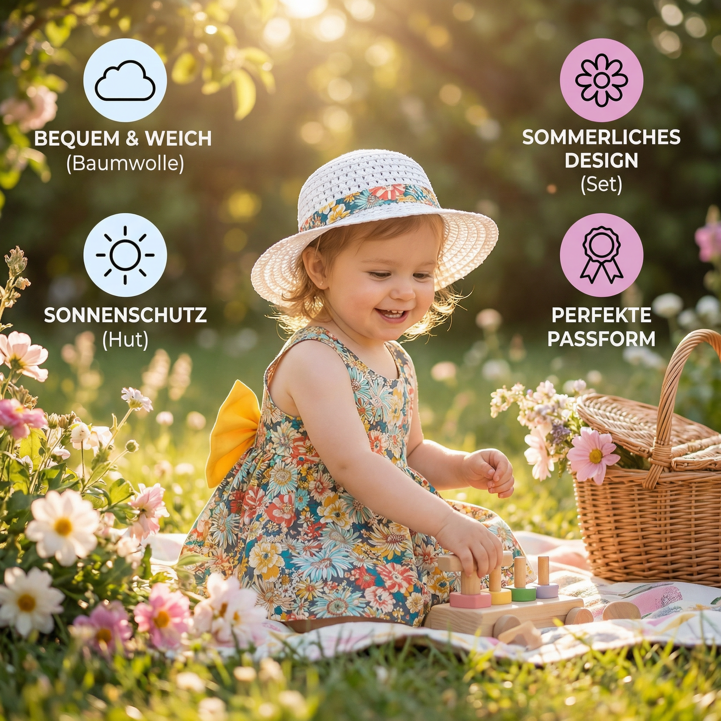 Sommerliches 2in1 Set - Armelloses Mädchenkleid mit Schleife und Hut mit Blumenmuster aus Baumwolle