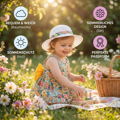 Sommerliches 2in1 Set - Armelloses Mädchenkleid mit Schleife und Hut mit Blumenmuster aus Baumwolle