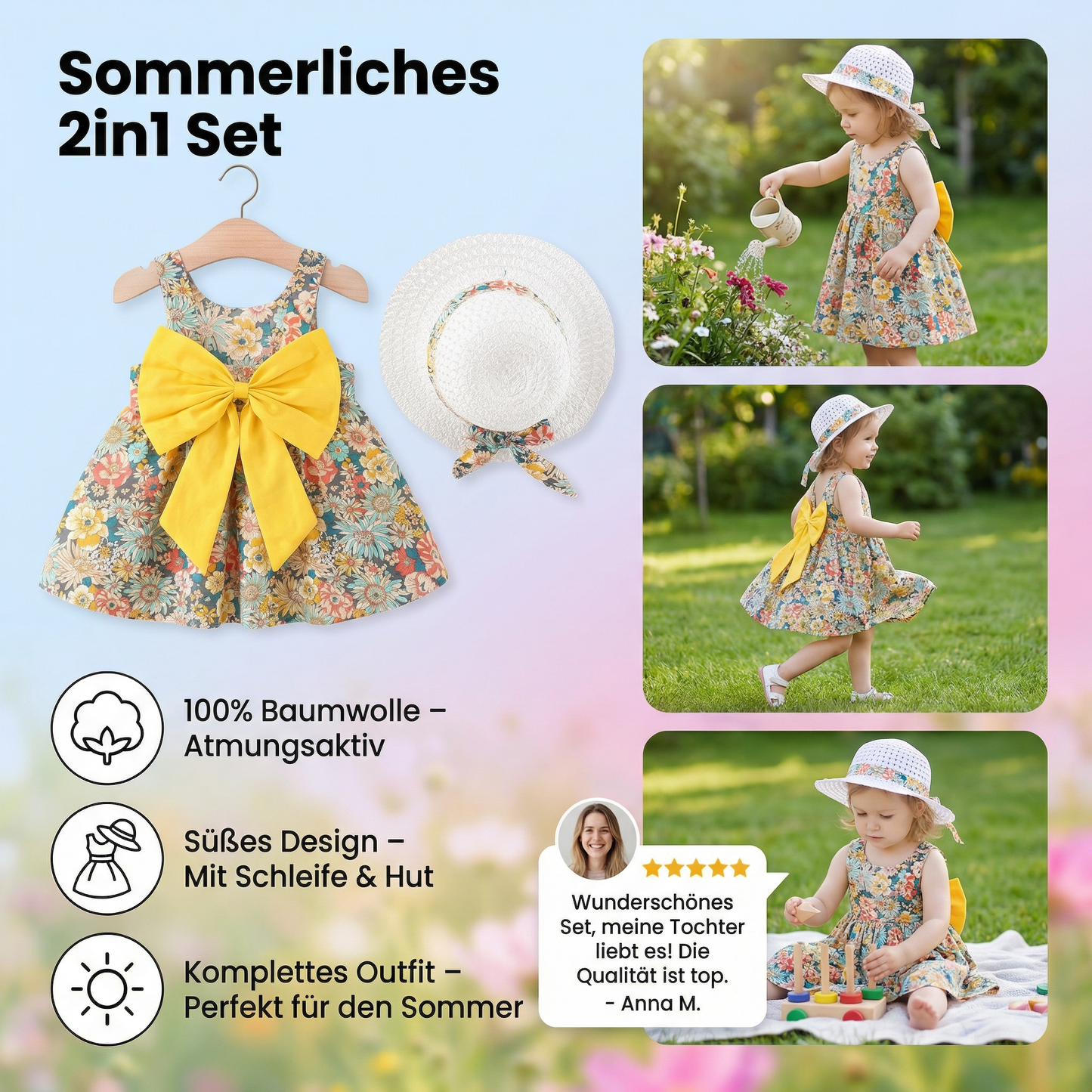 Sommerliches 2in1 Set - Armelloses Mädchenkleid mit Schleife und Hut mit Blumenmuster aus Baumwolle