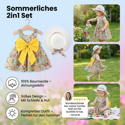 Sommerliches 2in1 Set - Armelloses Mädchenkleid mit Schleife und Hut mit Blumenmuster aus Baumwolle