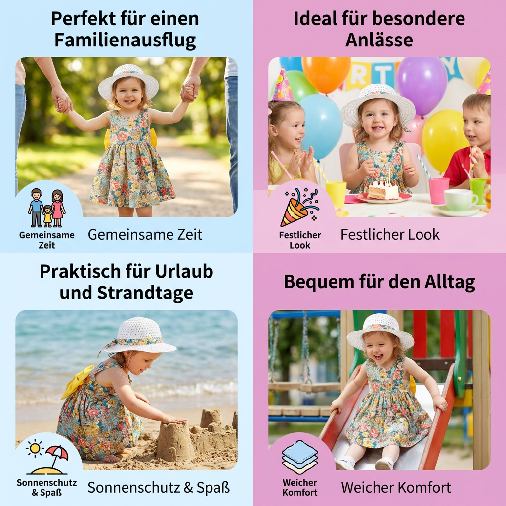 Sommerliches 2in1 Set - Armelloses Mädchenkleid mit Schleife und Hut mit Blumenmuster aus Baumwolle