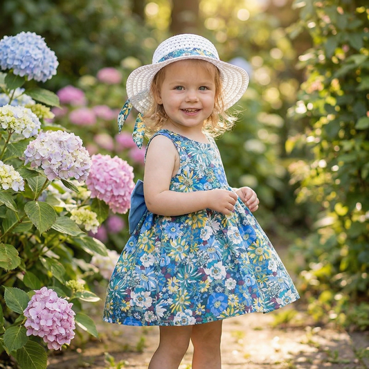 Sommerliches 2in1 Set - Armelloses Mädchenkleid mit Schleife und Hut mit Blumenmuster aus Baumwolle