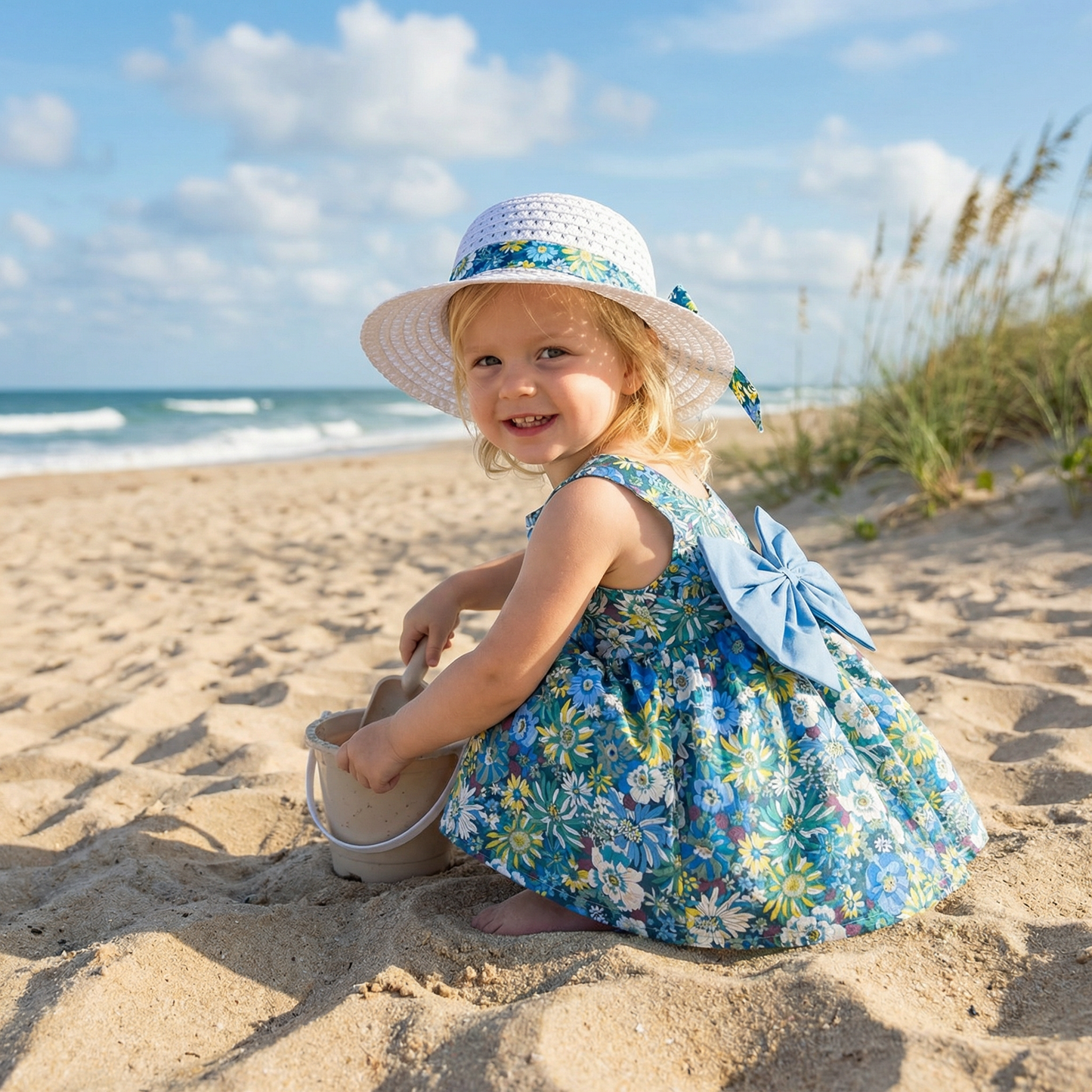 Sommerliches 2in1 Set - Armelloses Mädchenkleid mit Schleife und Hut mit Blumenmuster aus Baumwolle