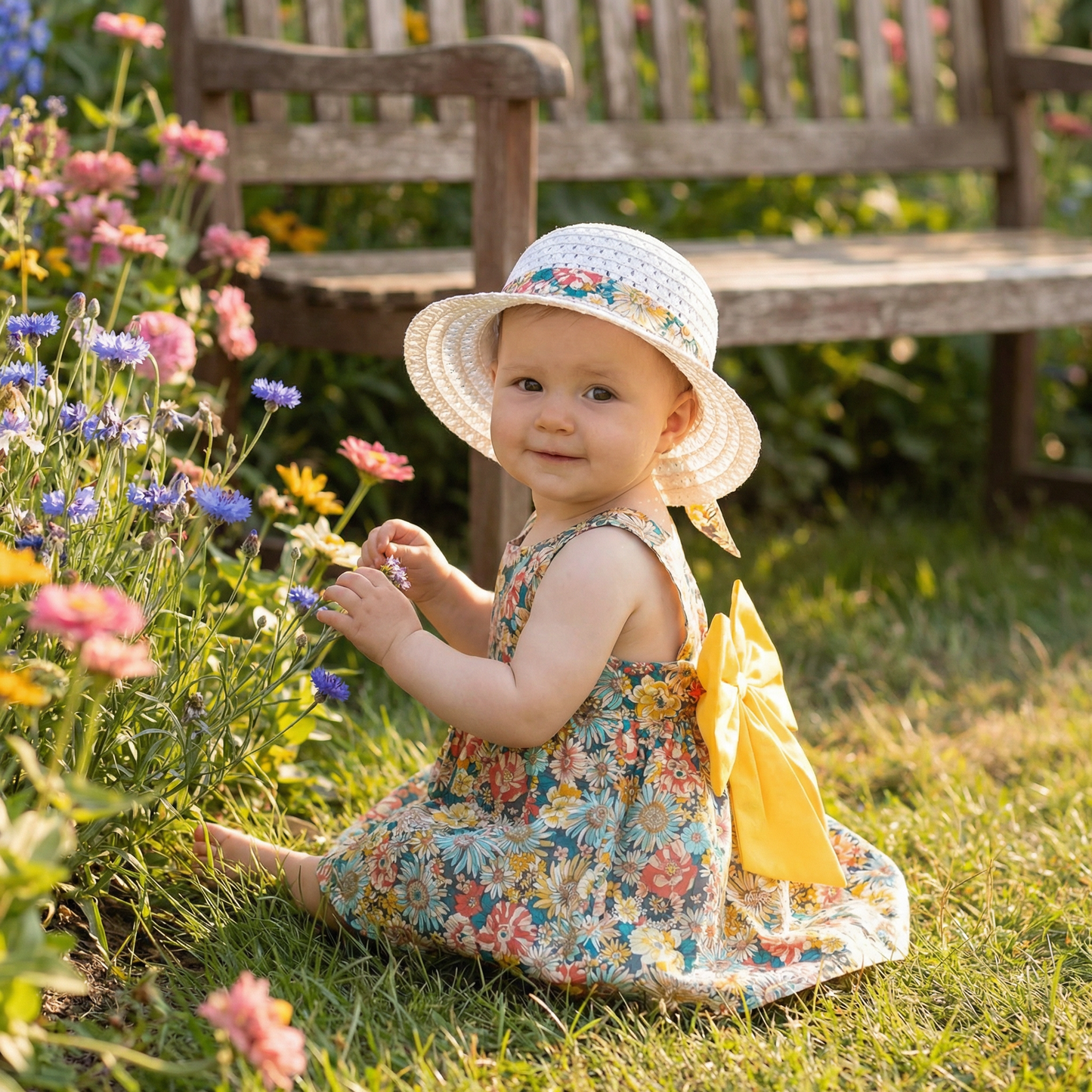 Sommerliches 2in1 Set - Armelloses Mädchenkleid mit Schleife und Hut mit Blumenmuster aus Baumwolle