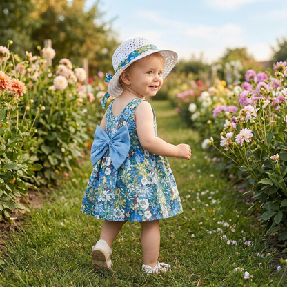 Sommerliches 2in1 Set - Armelloses Mädchenkleid mit Schleife und Hut mit Blumenmuster aus Baumwolle