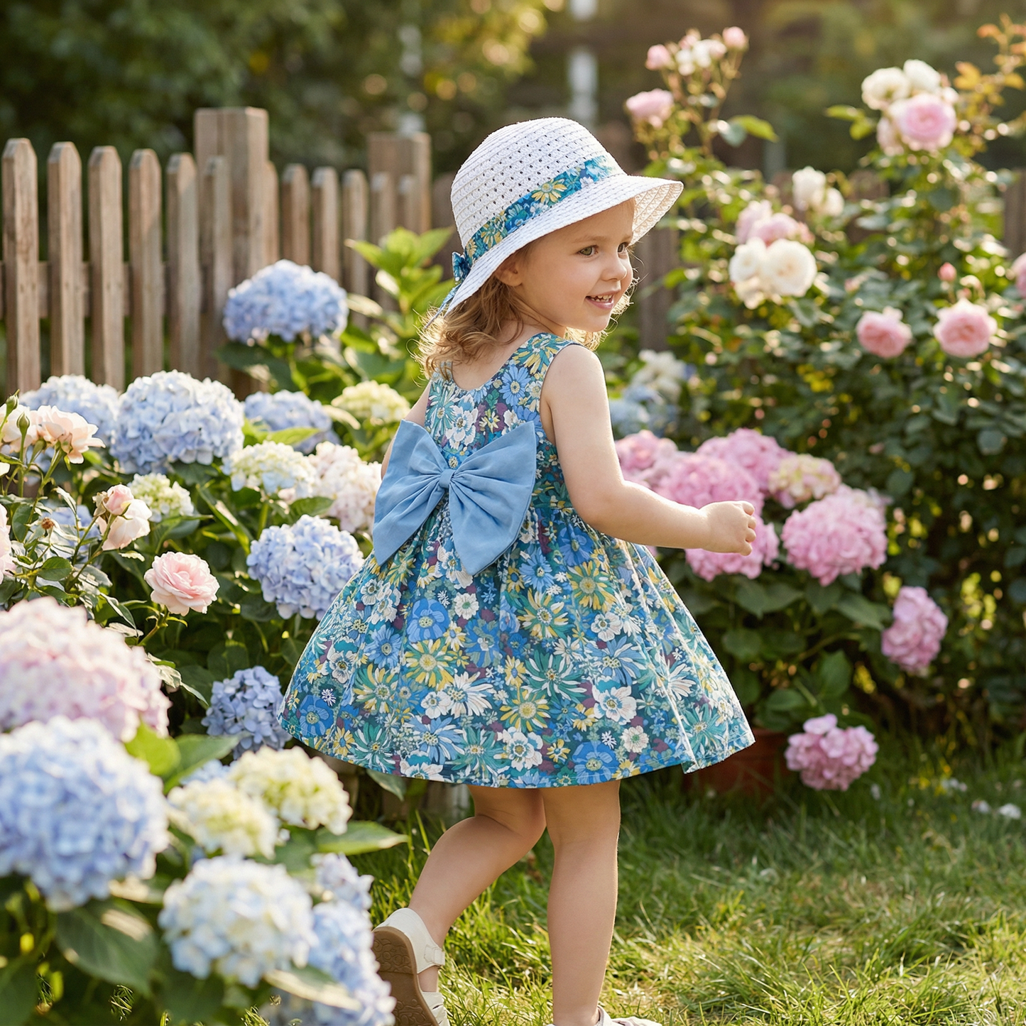 Sommerliches 2in1 Set - Armelloses Mädchenkleid mit Schleife und Hut mit Blumenmuster aus Baumwolle