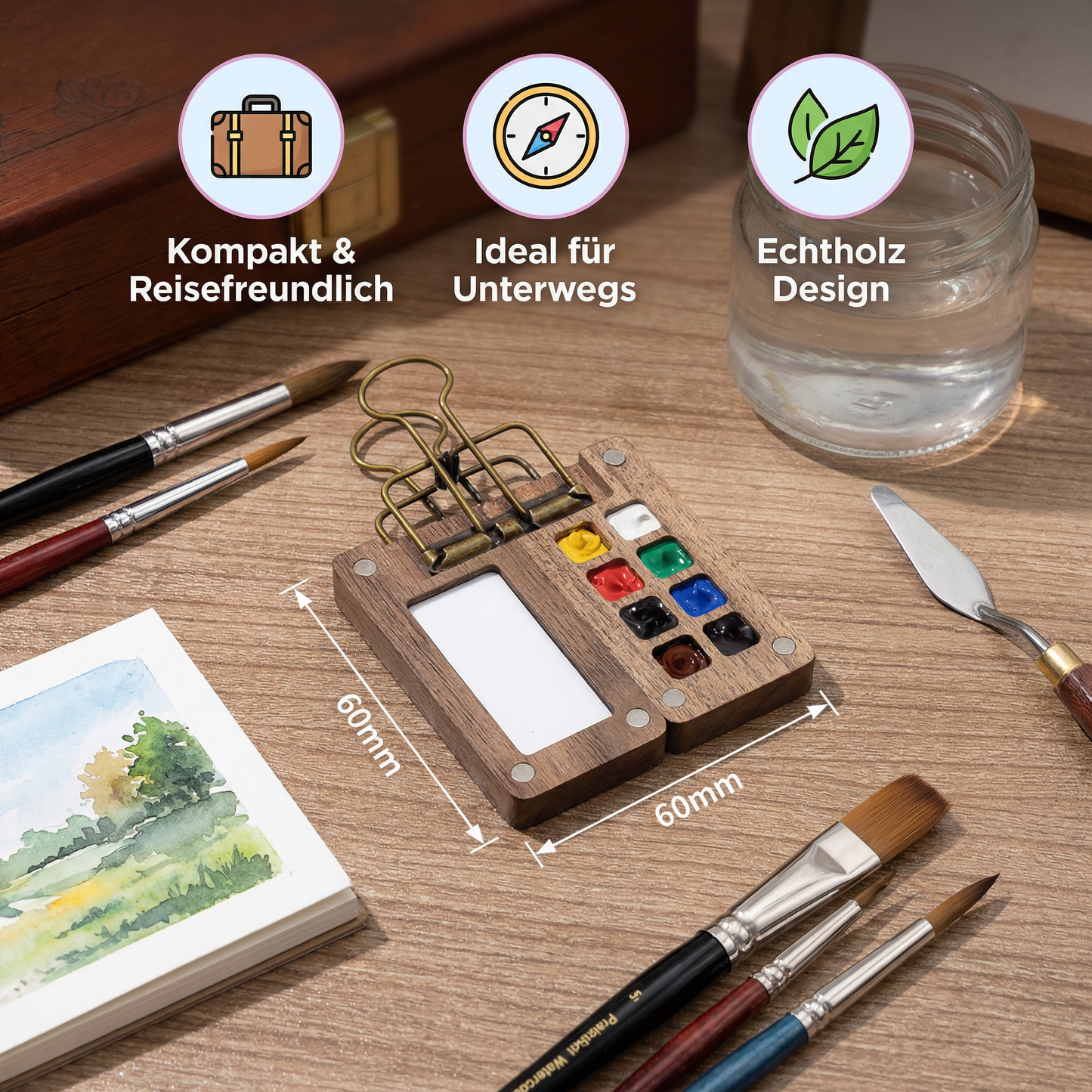 Mini Aquarell Reise-Set – Kompakte Pocket Farbpalette im Holzdesign