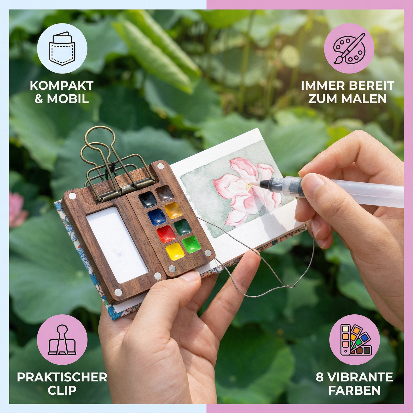 Mini Aquarell Reise-Set – Kompakte Pocket Farbpalette im Holzdesign