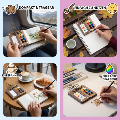 Mini Aquarell Reise-Set – Kompakte Pocket Farbpalette im Holzdesign