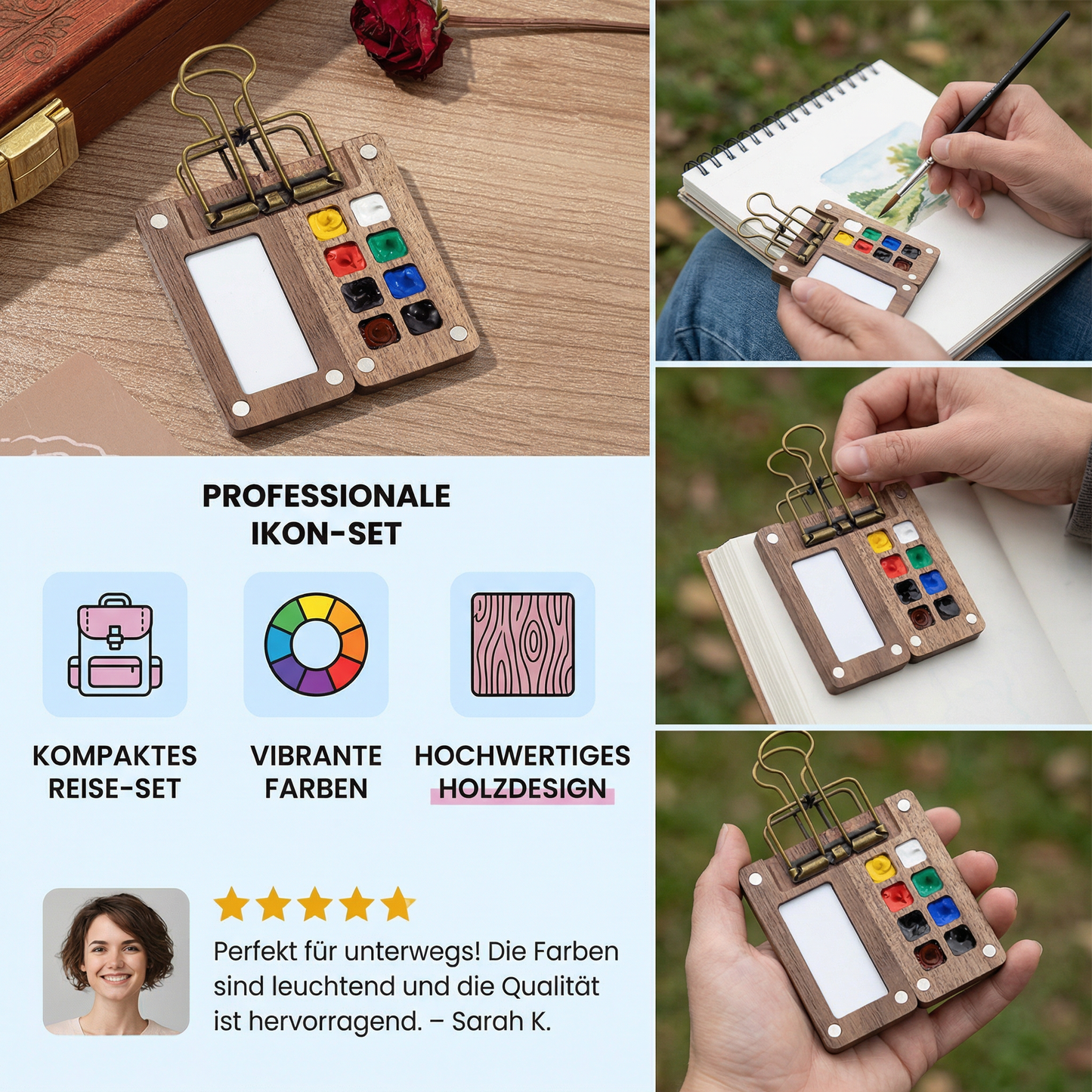 Mini Aquarell Reise-Set – Kompakte Pocket Farbpalette im Holzdesign