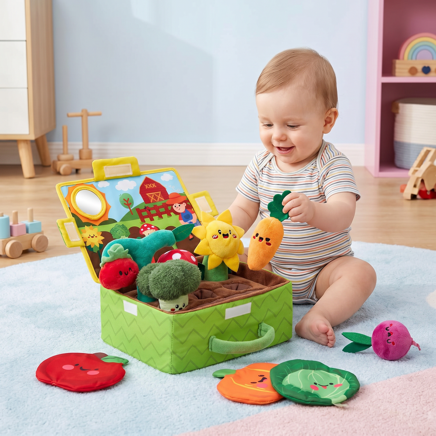 Montessori Garten-Sensorikspielzeug für Babys – Plüsch Obst & Gemüse Set mit Rassel, Spiegel & Quietschfunktion