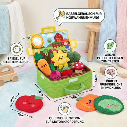 Montessori Garten-Sensorikspielzeug für Babys – Plüsch Obst & Gemüse Set mit Rassel, Spiegel & Quietschfunktion