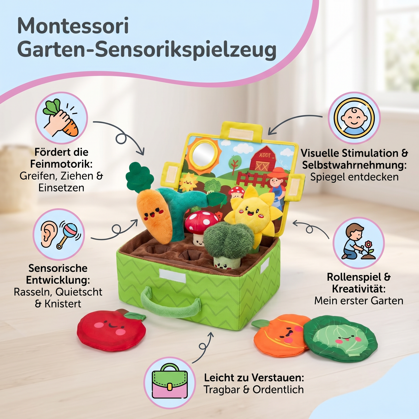 Montessori Garten-Sensorikspielzeug für Babys – Plüsch Obst & Gemüse Set mit Rassel, Spiegel & Quietschfunktion