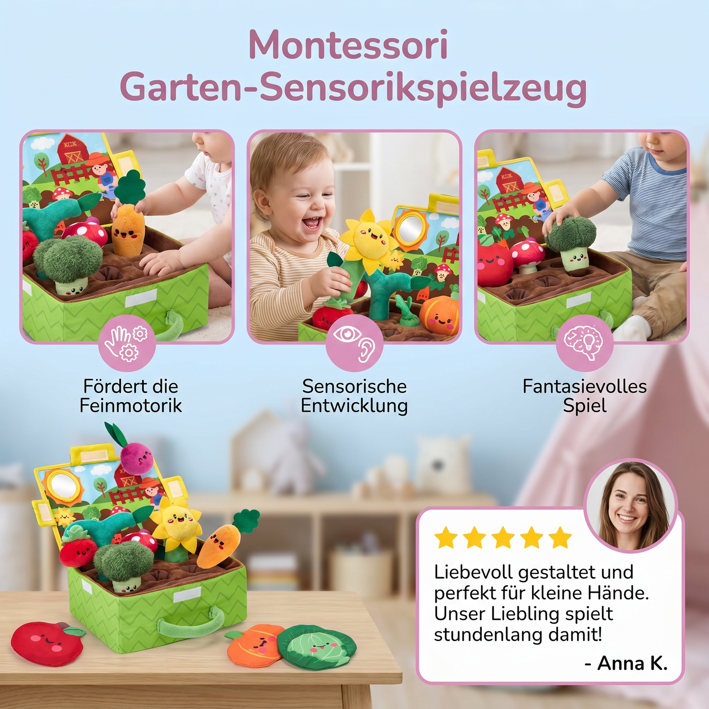 Montessori Garten-Sensorikspielzeug für Babys – Plüsch Obst & Gemüse Set mit Rassel, Spiegel & Quietschfunktion