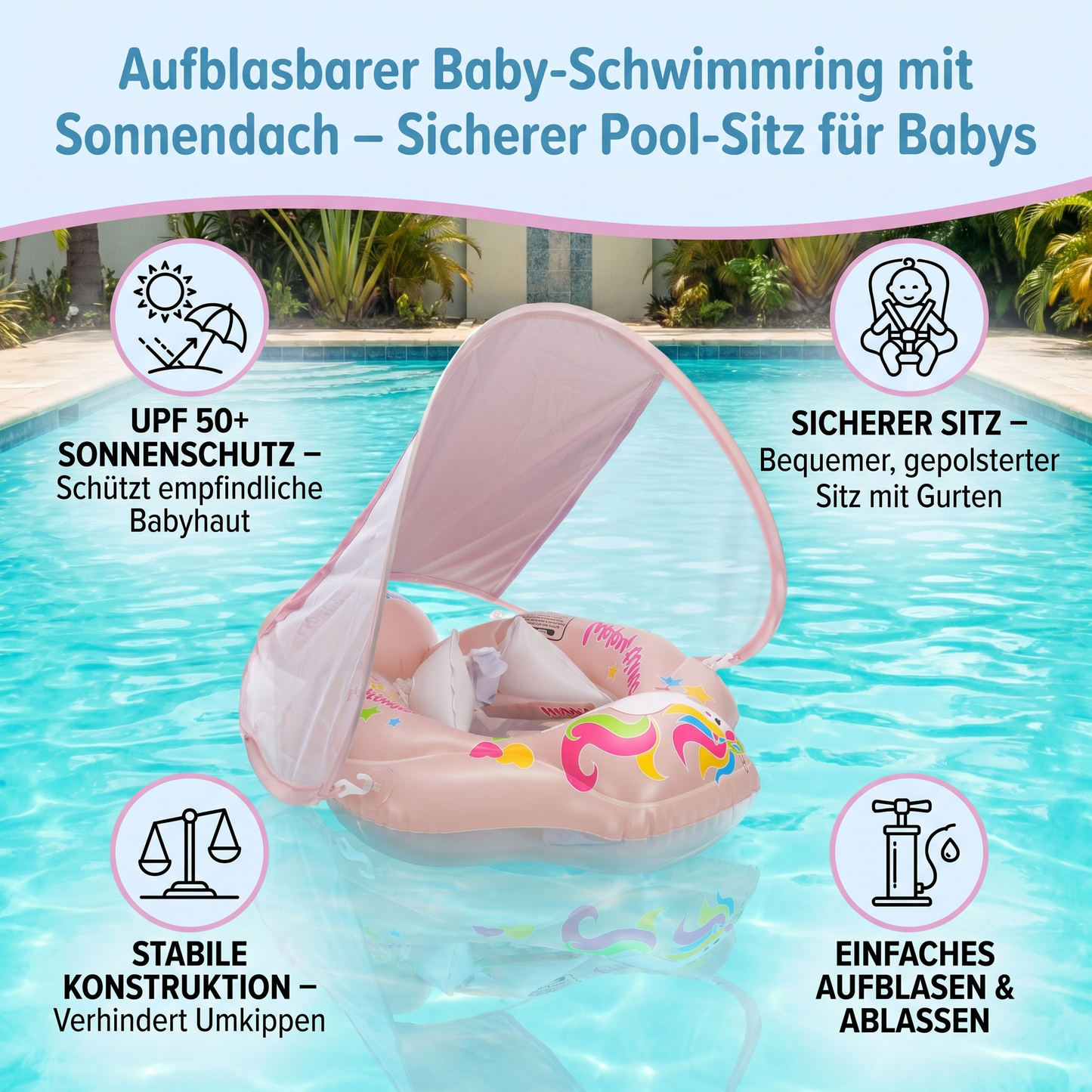 Baby-Schwimmring mit Sonnenschutz – Aufblasbarer Sitzring für sicheren Badespaß