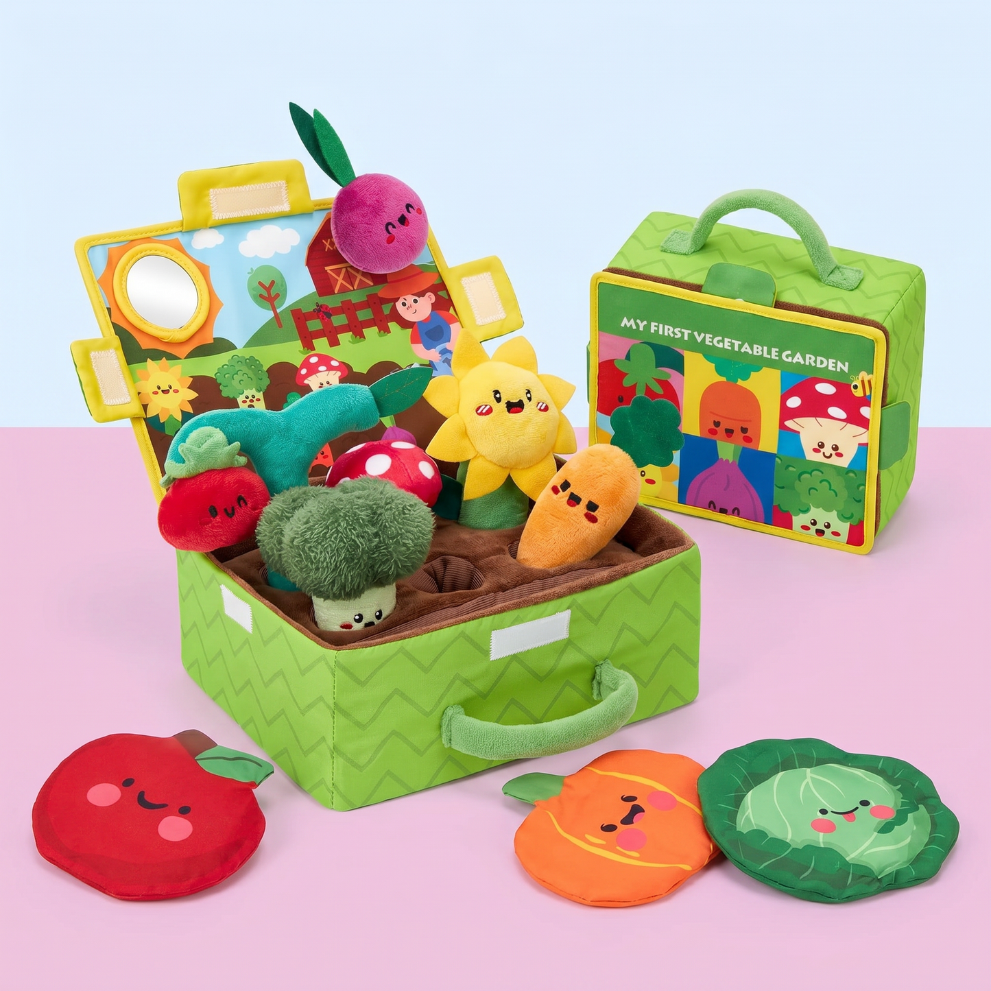 Montessori Garten-Sensorikspielzeug für Babys – Plüsch Obst & Gemüse Set mit Rassel, Spiegel & Quietschfunktion