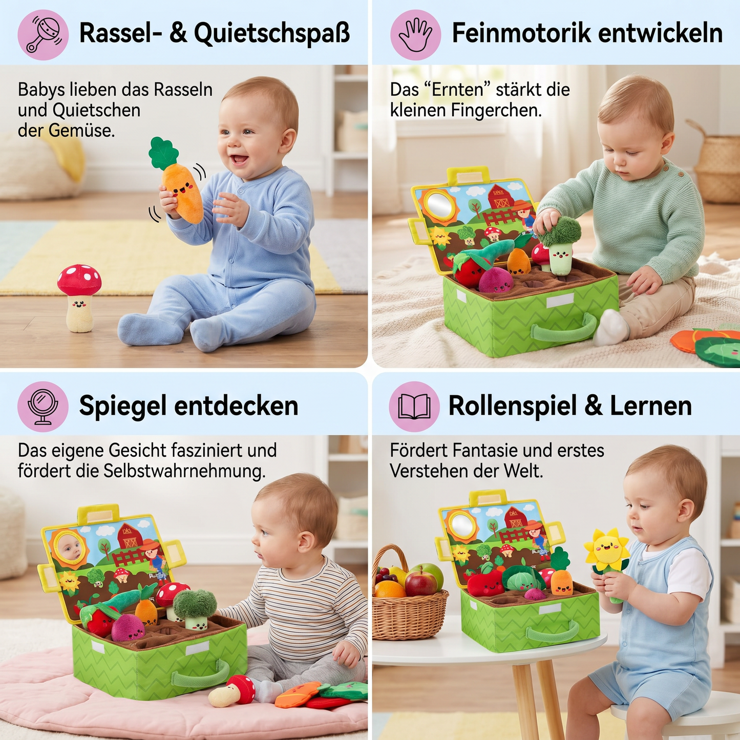 Montessori Garten-Sensorikspielzeug für Babys – Plüsch Obst & Gemüse Set mit Rassel, Spiegel & Quietschfunktion