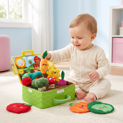 Montessori Garten-Sensorikspielzeug für Babys – Plüsch Obst & Gemüse Set mit Rassel, Spiegel & Quietschfunktion