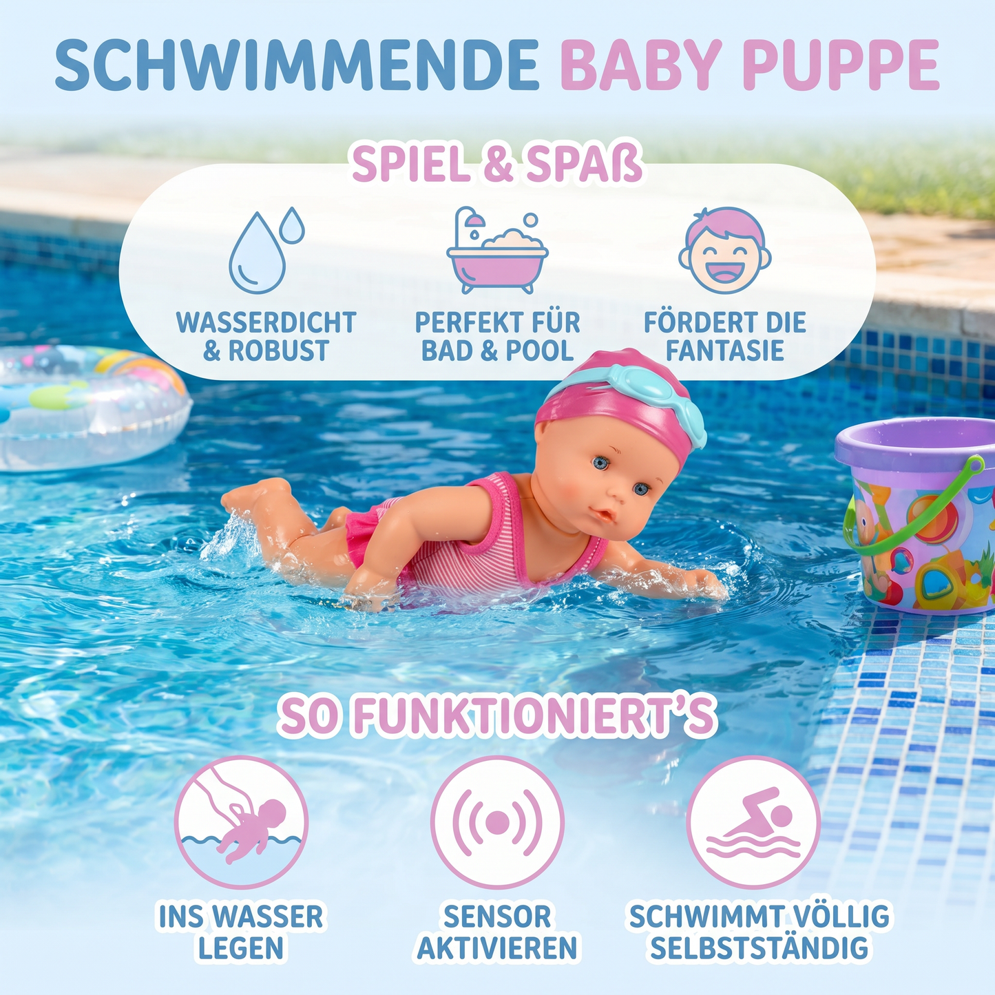 Schwimmende Baby Puppe – Wasserdichtes elektrisches Poolspielzeug für Kinder
