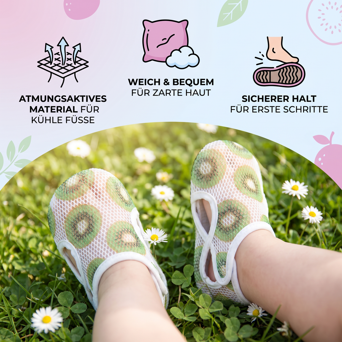Sommer Babyschuhe aus atmunksaktivem Material im Fruchtdesign