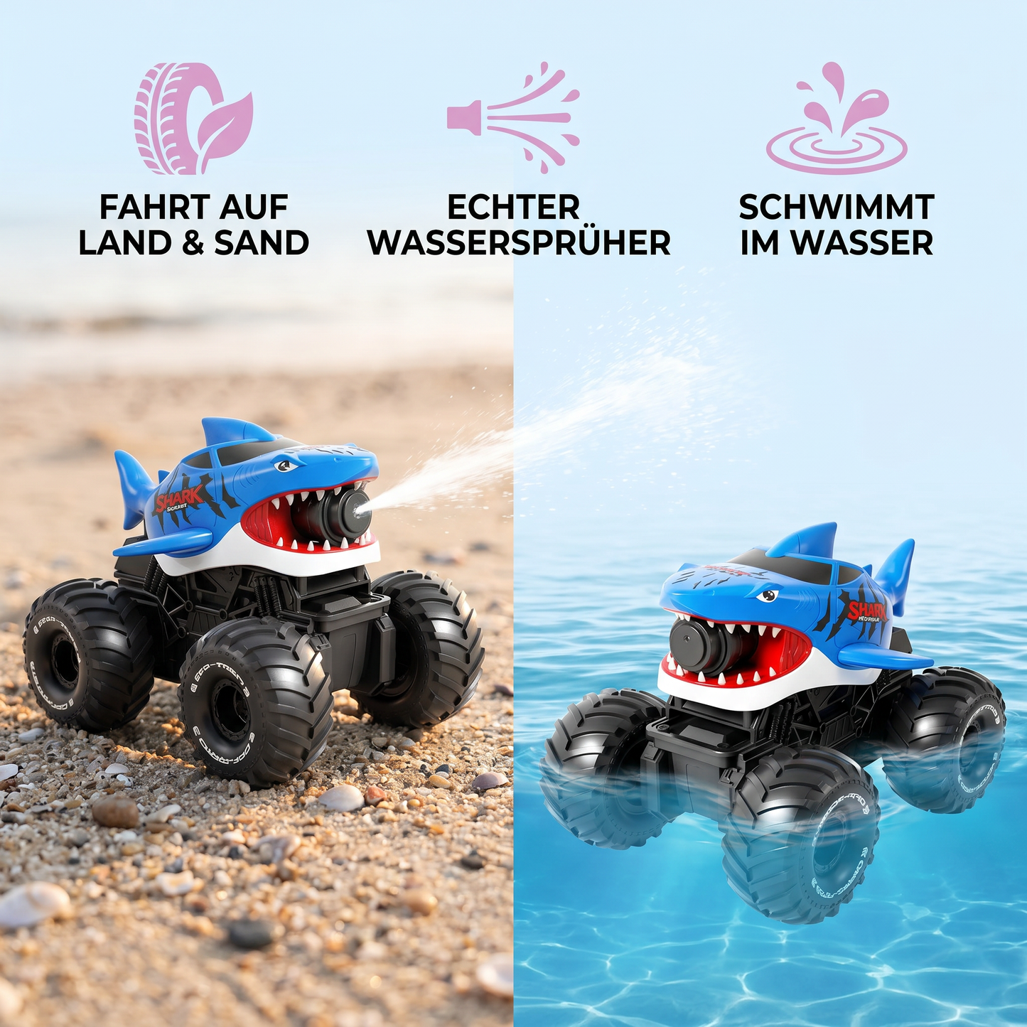 Ferngesteuertes Hai Amphibienfahrzeug für Land und Wasser mit Wassersprüher