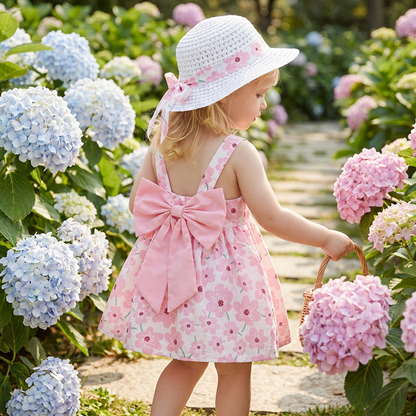 2in1 Koreanisches Trägerkleid für Mädchen mit Schleife im Blumen Design und Hut