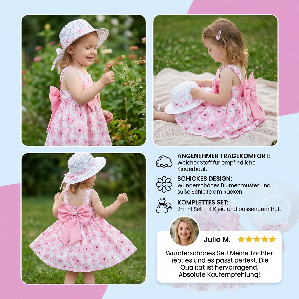 2in1 Koreanisches Trägerkleid für Mädchen mit Schleife im Blumen Design und Hut