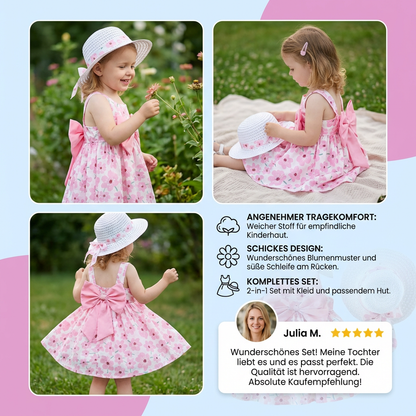 2in1 Koreanisches Trägerkleid für Mädchen mit Schleife im Blumen Design und Hut